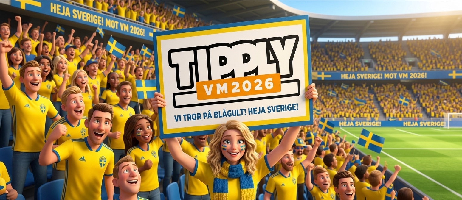 Svenska supportrar håller upp en Tipply VM 2026-skylt